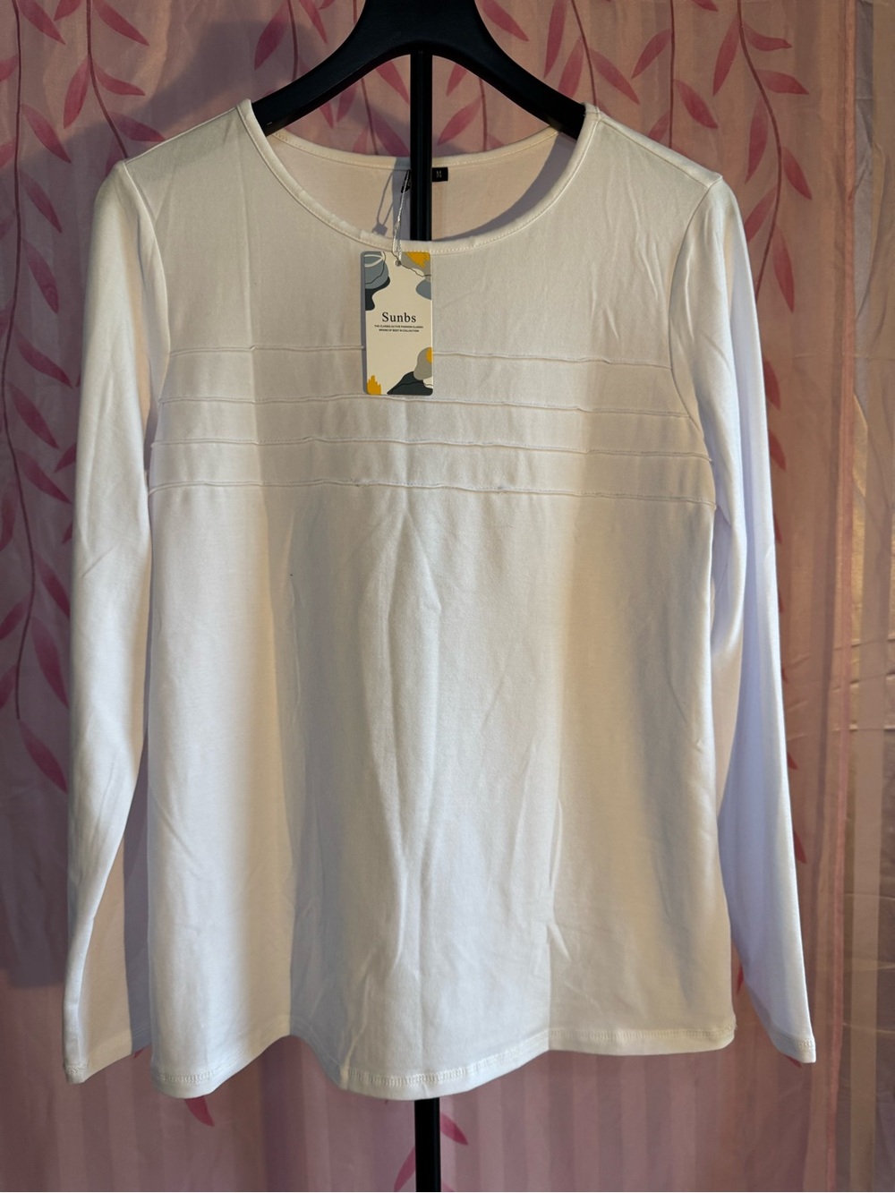 Women’s Long-Sleeve Crew Neck Shirt in White w/ Pintuck design on front